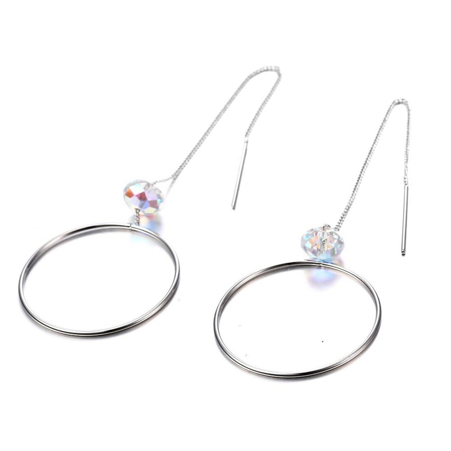 Hoop Crystal AB Bead Dangle Thread Chain Earrings - Made with Swarovski® Crystals