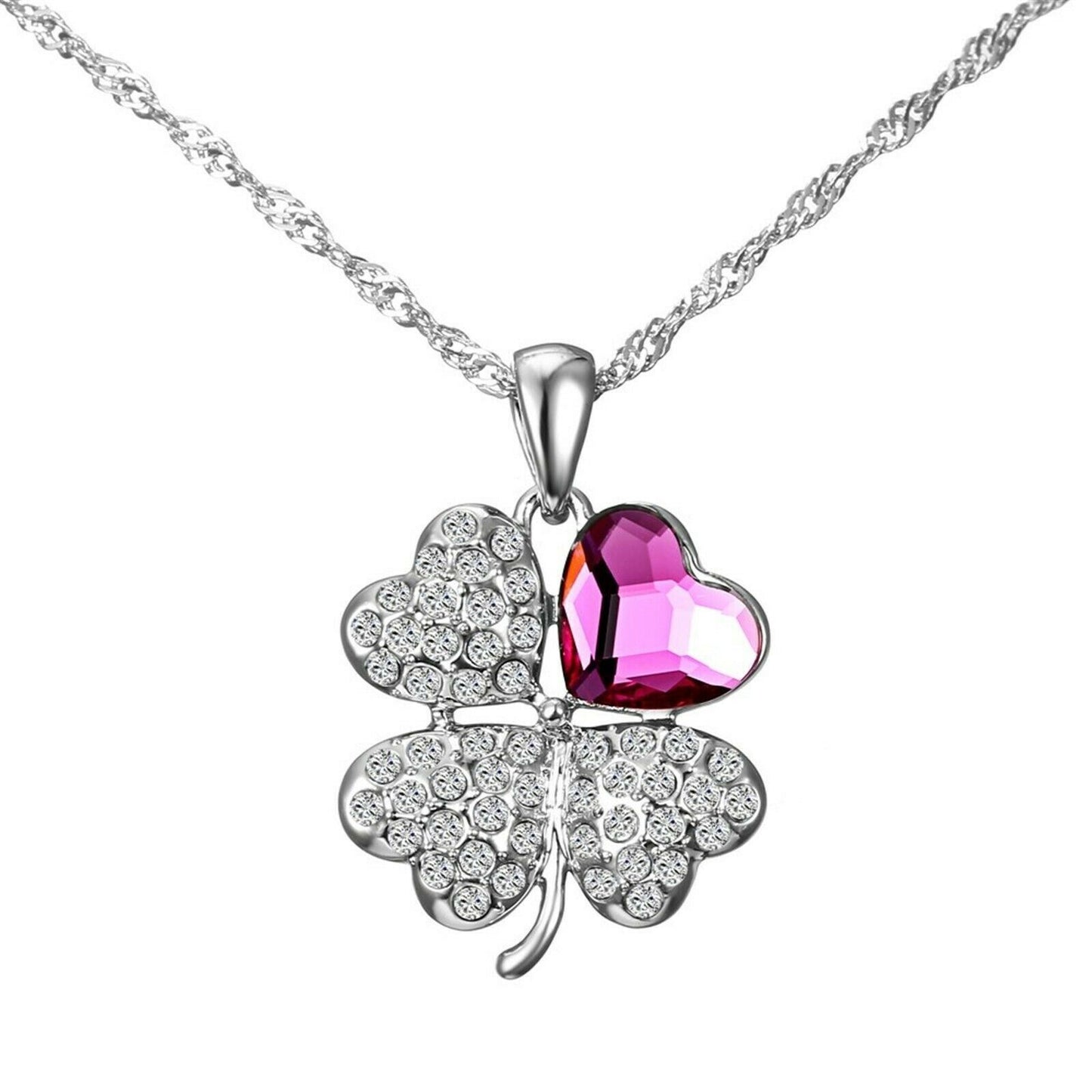 Rhinestone Heart Lucky 4 Leaf Clover Necklace - Made with Swarovski® Crystals
