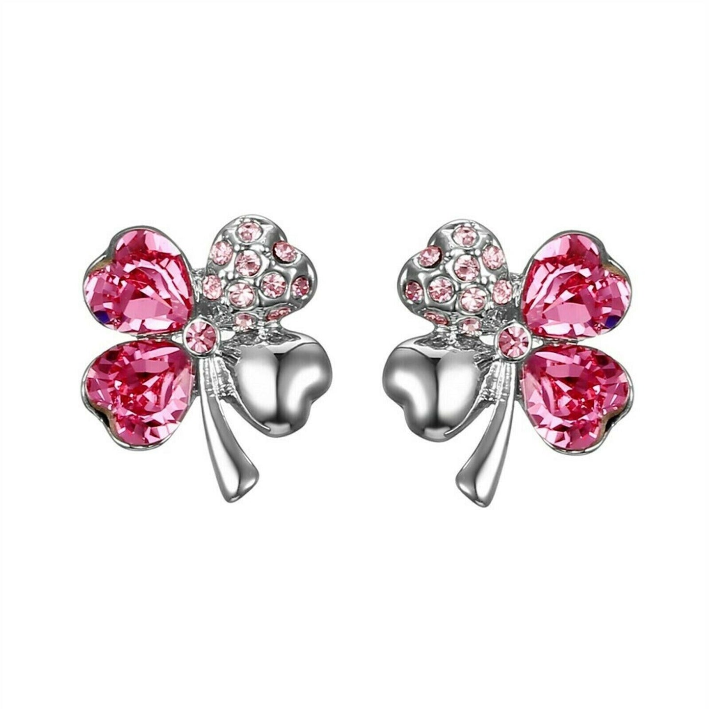 Shamrock Lucky Clover Heart Pink Jewel Stud Earrings - Made with Swarovski® Crystals