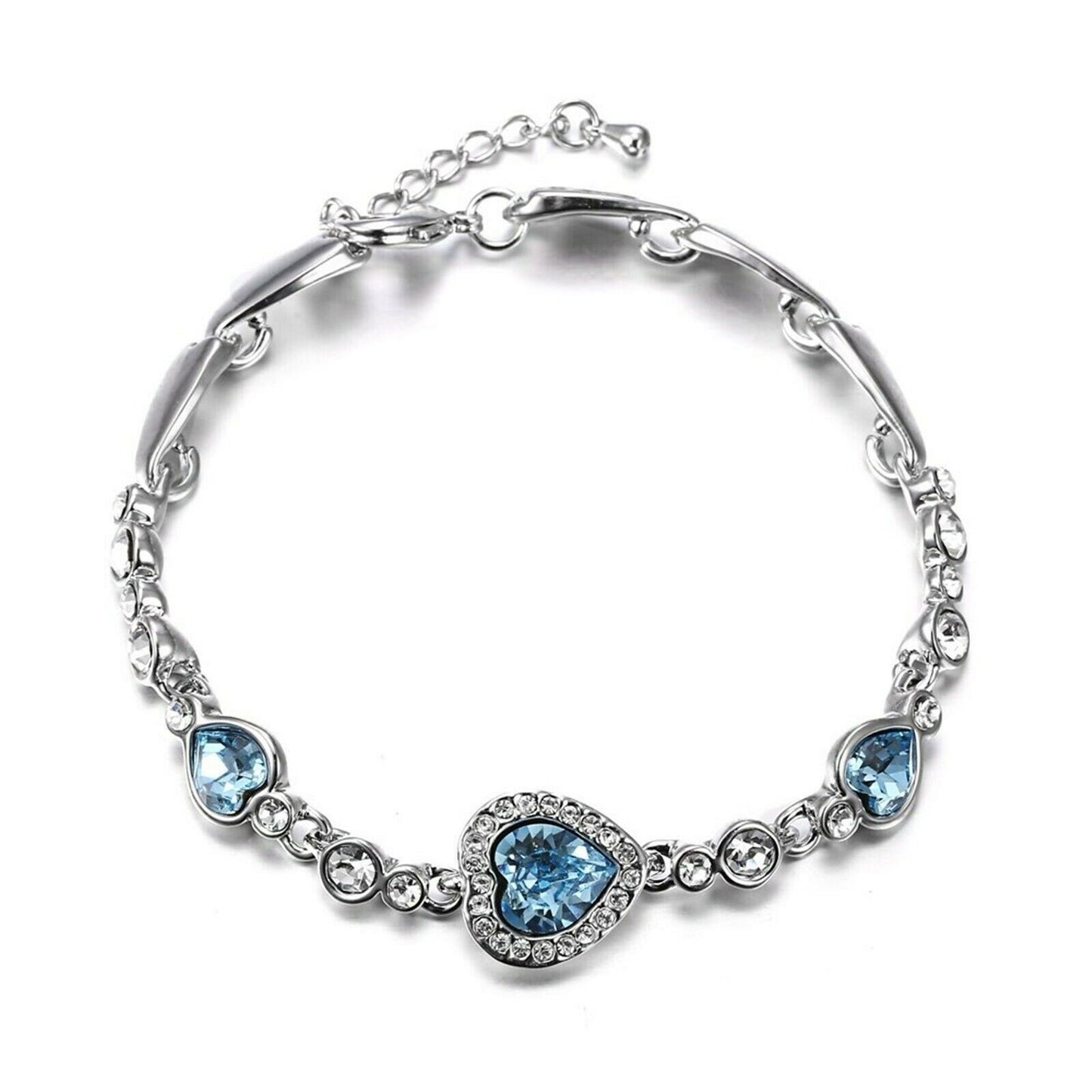 Triple Blue Heart Jewel Rhinestone Link Bracelet - Made with Swarovski® Crystals